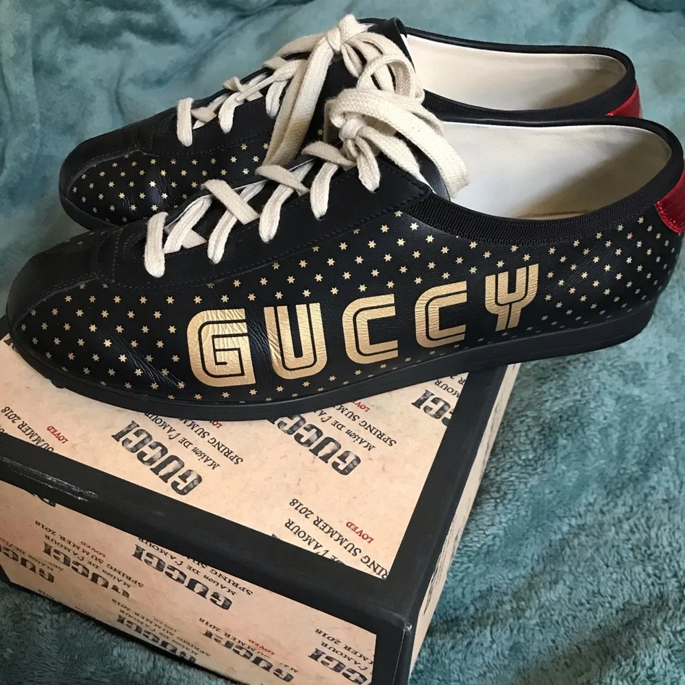 Gucci Guccy Falacer Sneaker Black Gold Stars Shoes